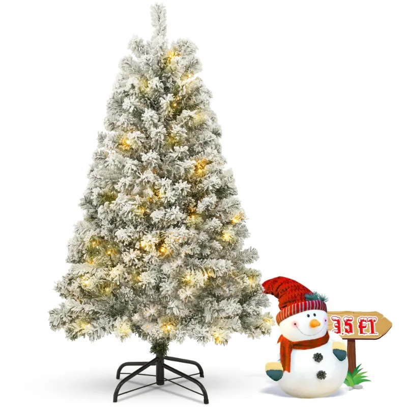 Photo 1 of 3.5 Ft Pre- Premium Snow Flocked Christmas Tree w/ 150 Lights 300 Tips, Hinged Artificial Holiday Xmas Christmas Decoration, Metal Base Stand, White