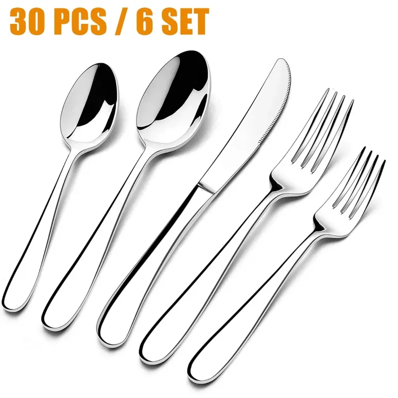 Photo 1 of 30 Pieces Silverware Set with Serving Set, Stainless Steel Modern Flatware, Service for 6