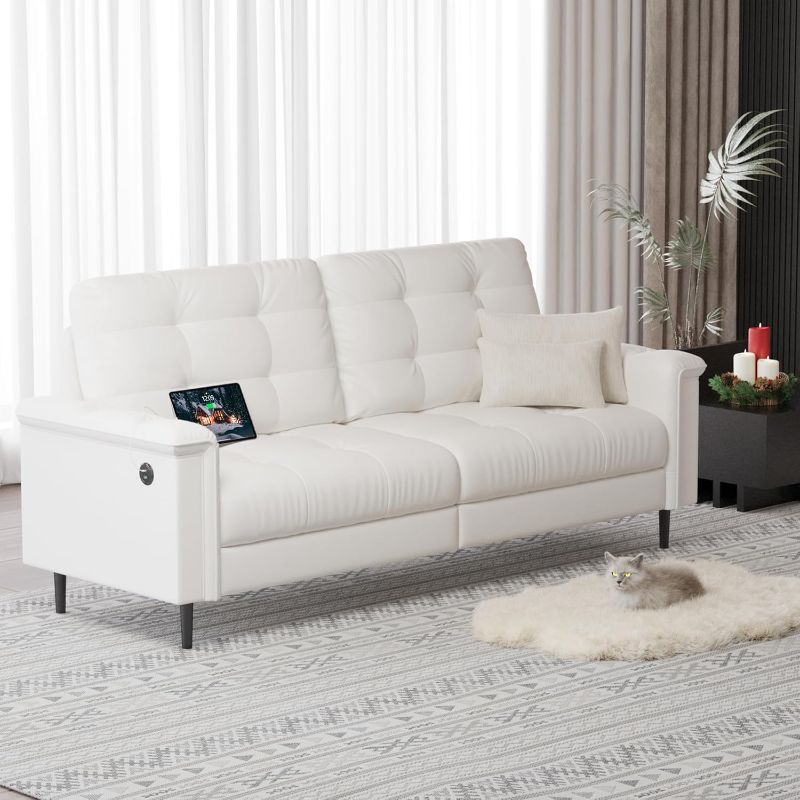 Photo 1 of  W White Faux Leather Sofa Couches for Living Room, Mid-Century Modern Tufted Comfy Small Loveseat