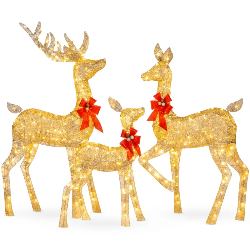 Photo 1 of Best Choice Products 3-Piece Lighted Christmas Deer Set Outdoor Yard Decoration w/ 360 LED Lights, Stakes - Gold