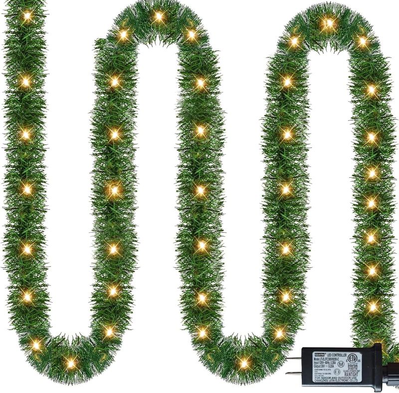 Photo 1 of 50 FT Christmas Green Garland, 150 LED Pre-lit Lights Lighted Artificial Pine Garlands, for Indoor Outdoor Gate Home Winter Holiday Christmas Decorations