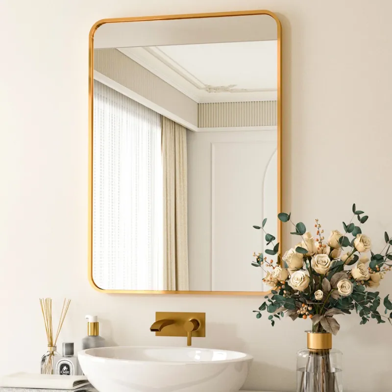 Photo 1 of BEAUTYPEAK 20"x28" Wall Mirror Rounded Corners Hanging Vanity Mirror Gold