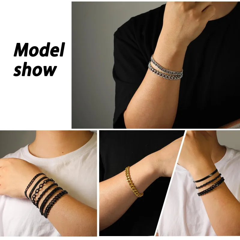 Photo 1 of APSVO 5 Pcs Bracelets for Men Women, Silver Charm Bracelet Stainless Steel Cuban Link Curb Rope Paperclip Figaro Herringbone Chain Bracelets Set Jewelry Gifts 6.5/7/7.5/8.3/9 Inches Chain
