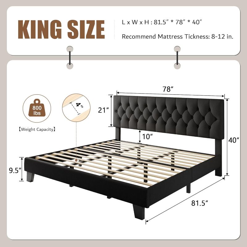 Photo 1 of  **** Picture is for reference, style  may vary****Upholstered King Size Bed Frame, king size upholstered platform bed BLACK