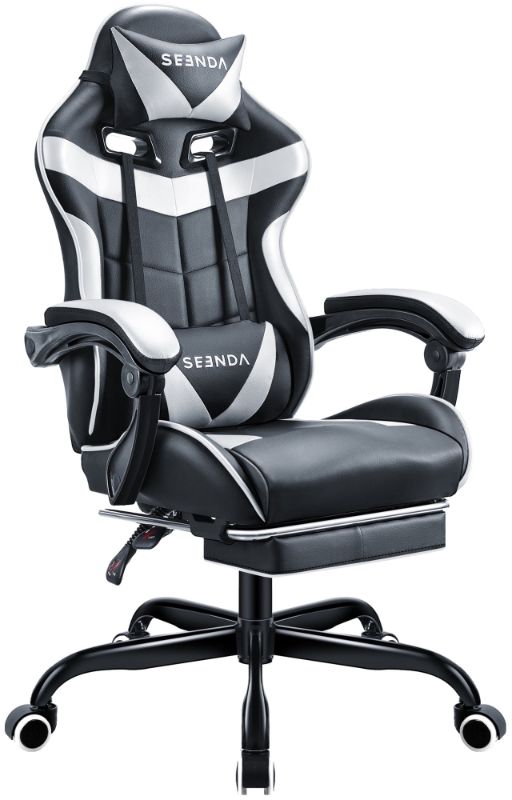 Photo 1 of ***DAMAGE ON THE BACK OF THE CHAIR****Seenda
Gaming Chair, Seenda Video Game Chair with Footrest and Lumbar Support, Ergonomic Computer Chair Height Adjustable with Swivel Seat and Headrest, White