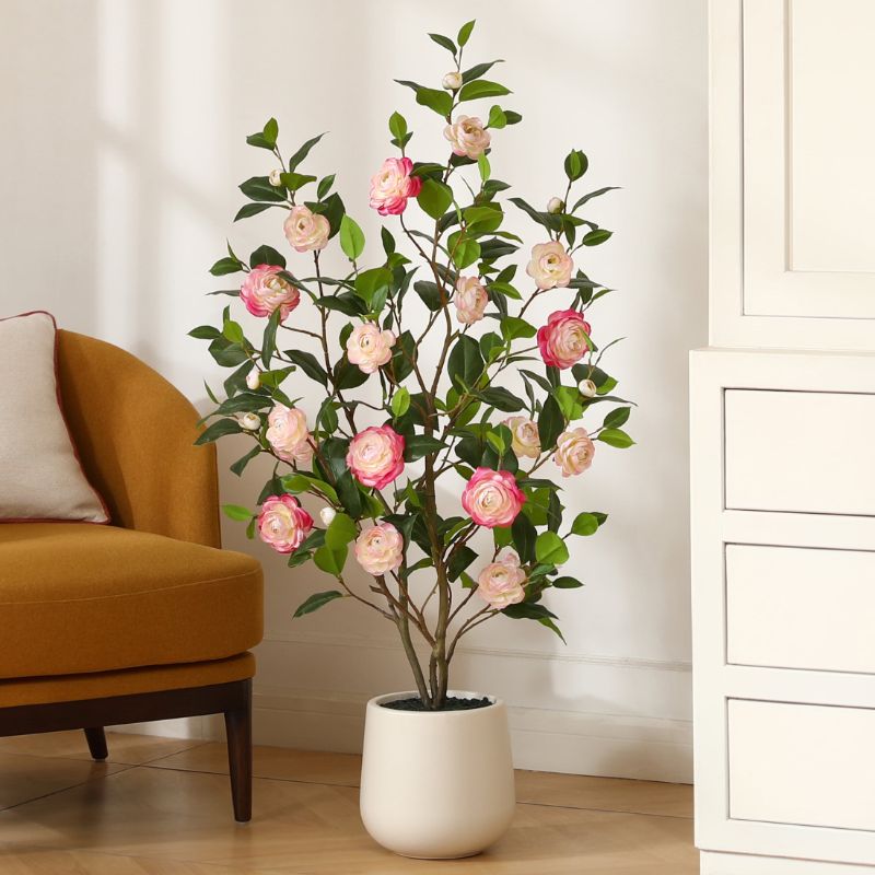 Photo 1 of 4ft Artificial Pink Camellia Tree with 9 inch White Planter, Tall Fake Camellia Trees with Pink Flowers, Faux Camellia Silk Plants for Indoor, Large Plants for Home Decor