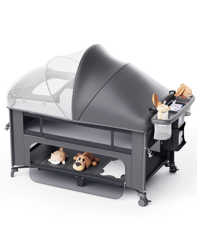 Photo 1 of Babyomi 4 in 1 Baby Bassinet with Diaper Changer, Long Next to Bed Crib with Mattress,Height Adjustable,Pack and Play,Bedside Crib Sleeper, Gray
