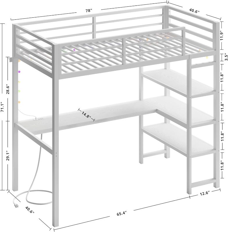 Photo 1 of ANCTOR Loft Bed Twin Size with L Shaped Desk and Shelves, Heavy Duty Metal Loft Bed Frame with Power Outlet and LED Lighted, Space-Saving, Noise Free, White
