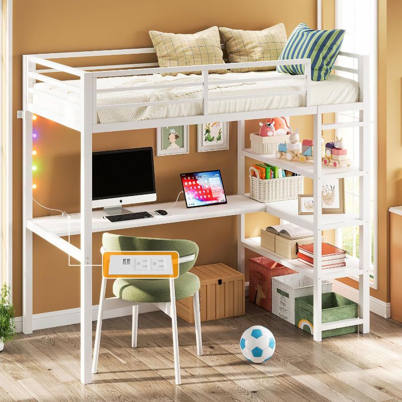 Photo 2 of ANCTOR Loft Bed Twin Size with L Shaped Desk and Shelves, Heavy Duty Metal Loft Bed Frame with Power Outlet and LED Lighted, Space-Saving, Noise Free, White
