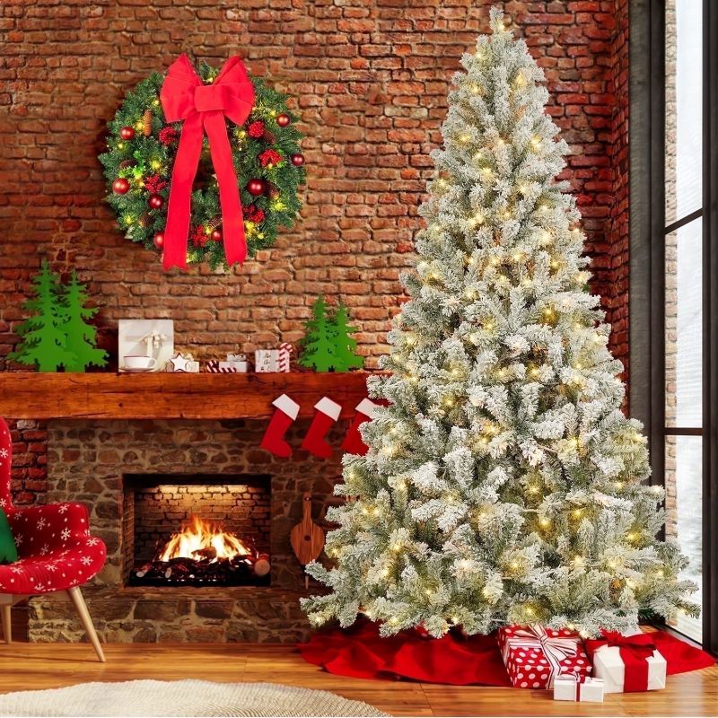 Photo 1 of 7ft Pre- Snow Flocked Christmas Tree, Qunler Artificial Christmas Tree Holiday Decorations Indoor, Hinged Design, Warm White & Multicolor Lights
