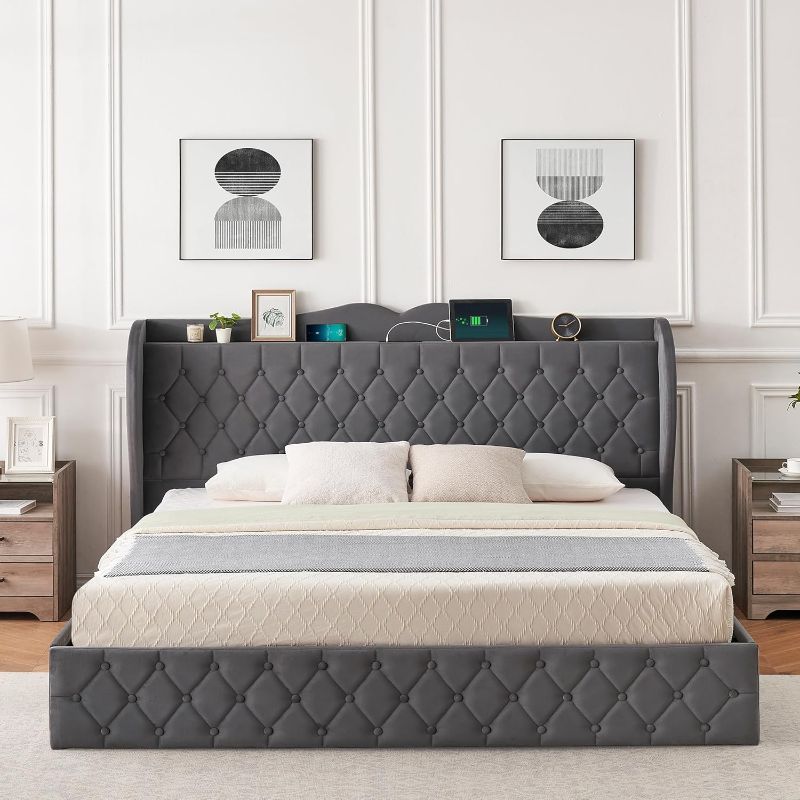 Photo 1 of ***BOX 2 OF 2 ONLY*** GAOMON King Bed Frame Platform Bed Frame with Velvet Upholstered Headboard, Plank Support,No Spring Box Needed,Grey