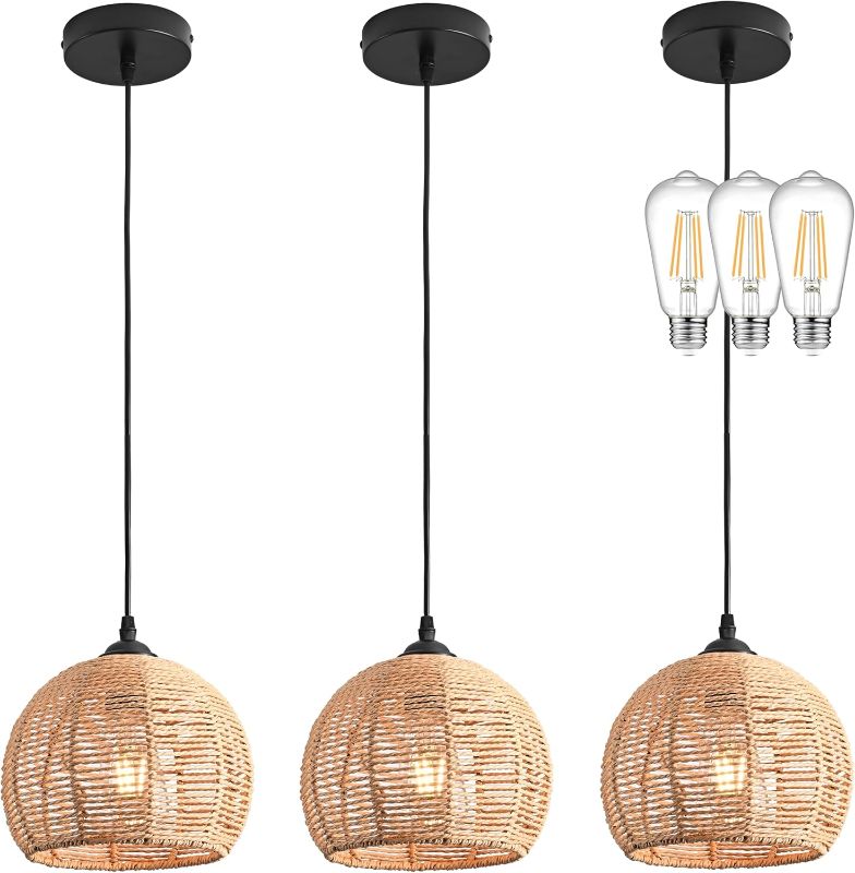 Photo 1 of 1 PCS-Wicker Pendant Light Natural Woven Pendant Light Boho Chandelier Light Fixture Dome Rustic Farmhouse Pendant Light Rattan Light Fixture for Dining Room Kitchen Island (Bulb Incl.)