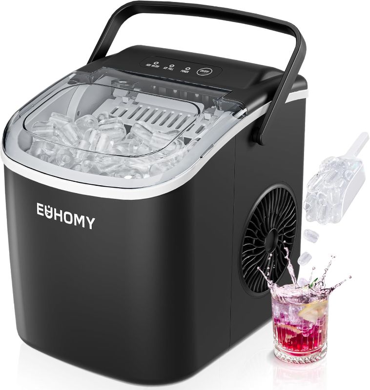 Photo 1 of EUHOMY Countertop Ice Maker Machine with Handle, 26lbs in 24Hrs, 9 Ice Cubes Ready in 6 Mins, Auto-Cleaning Portable Ice Maker with Basket and Scoop, for Home/Kitchen/Camping/RV. (Black)