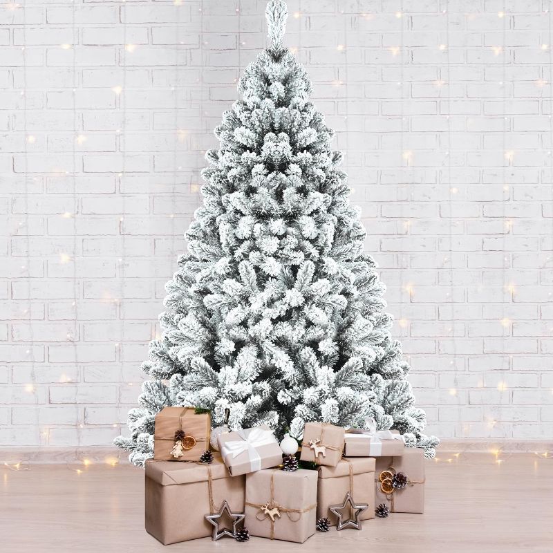 Photo 1 of 6FT Flocked Christmas Tree, Artificial Christmas Tree with Snow, Snowy Hinged Christmas Tree with 760 Branch Tips, Unlit Frosted Christmas Tree with Metal Stand for Holiday, Party, Home, Office