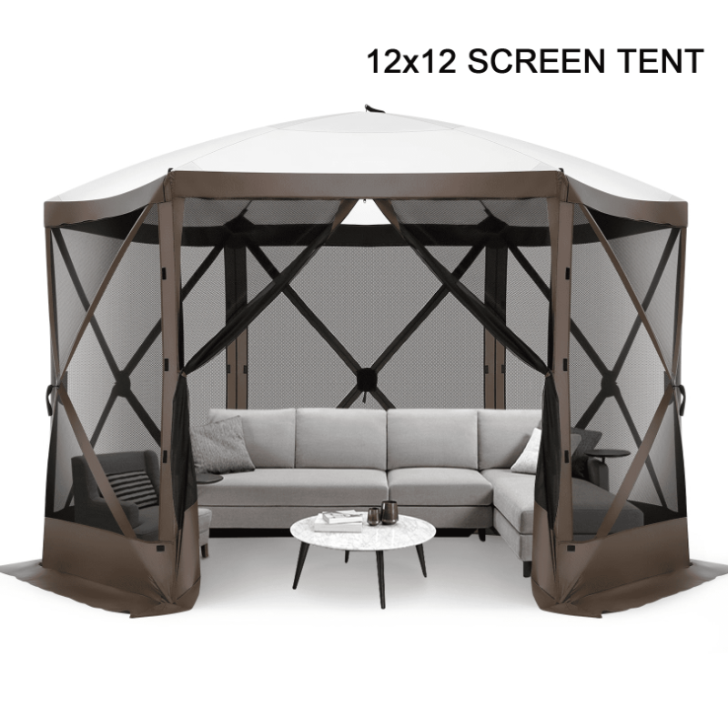 Photo 1 of COBIZI 12'x12' Pop-up Gazebo Outdoor Camping Tent with 6 Sides Mosquito Netting, Waterproof, UV Resistant, Portable Screen House Room, Easy Set-up Party Tent with Carry bag, Ground Spike, Brown