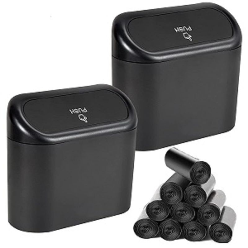 Photo 1 of 2-Pack Mini Car Trash Can with Lid - ABS Resin Leakproof Auto Dustbin Organizer, Includes 2 ABS Hooks & 90 Trash Bags for Car, Home, Office - Black