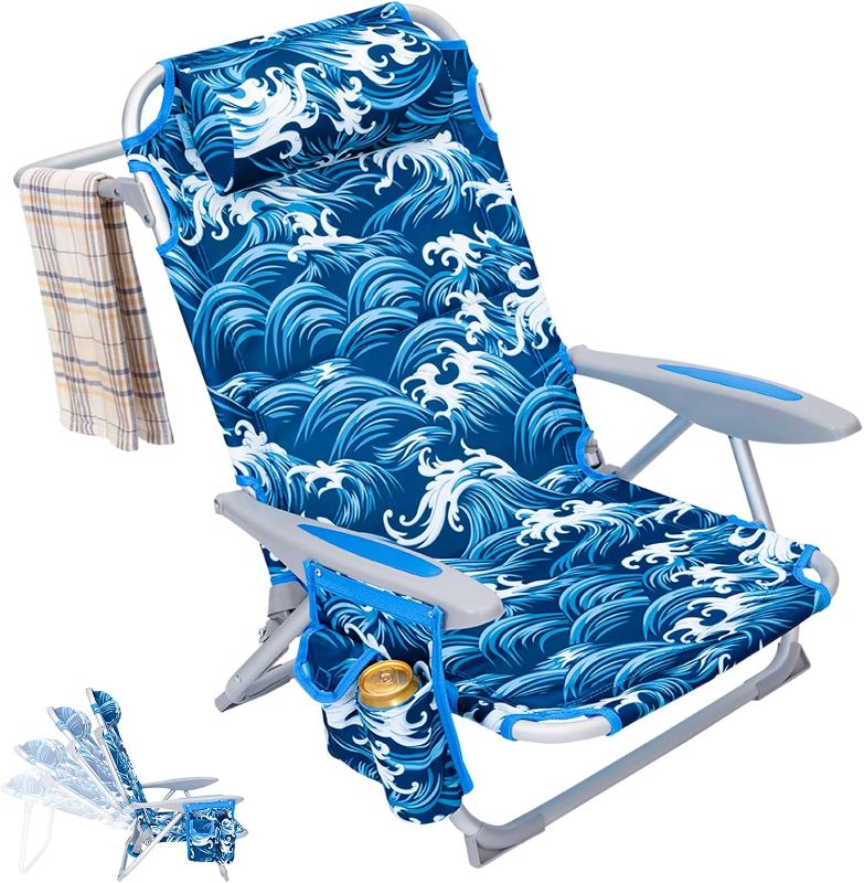 Photo 1 of #WEJOY Folding Beach Chair for Adults, 4-Position Aluminum Lightweight Beach Chair, Low Beach Chairs with Shoulder Strap, Cup Holder and Padded Headrest, Supports 265lbs for Beach Lawn