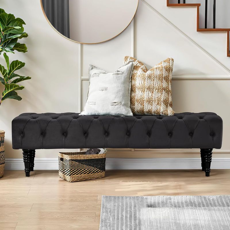 Photo 1 of  Rectangular Accent Bench, Upholstered Tufted Ottoman Bench, Corduroy Padded Benches for Entryway, Dining Room, Living Room, Bedroom, Black