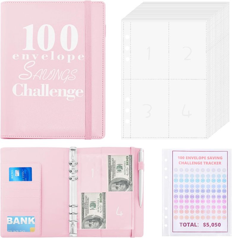 Photo 1 of 100 Envelopes Challenge Binder, Money Saving Challenge Budget Book Binder with Cash Envelopes - Fun Way to Save $5,050 - Pink