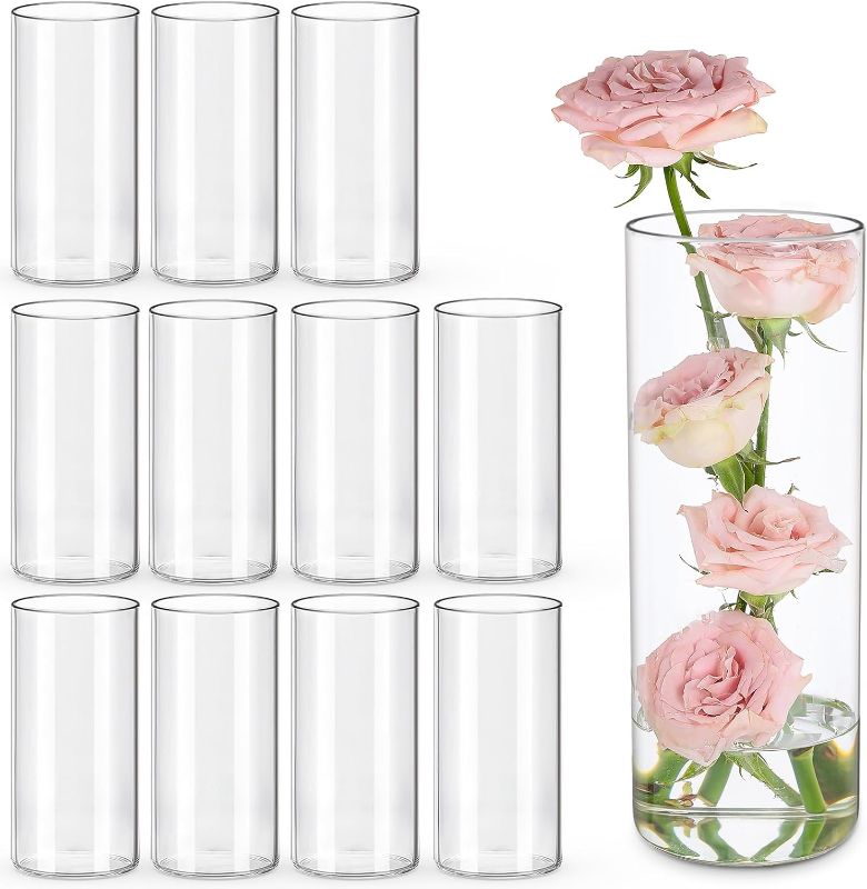 Photo 1 of 12pcs Glass Cylinder Vases for Centerpieces | 8 Inch Tall Clear Flower Vase for Wedding Decorations, Floating Candle Holders for Dinner Table, Bridal Shower, Christmas Home Décor