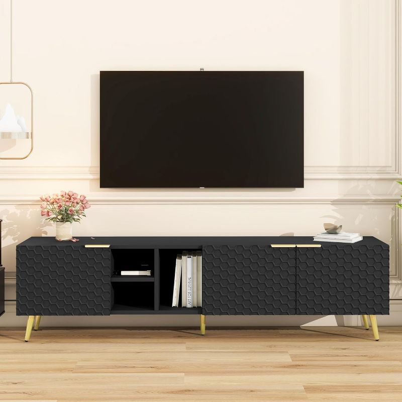 Photo 1 of Modern Minimalist Geometric Metal Handles and Gold Legs 80'', Multi-functional TV Stand with Storage Cabinets, Entertainment Center for Living Room, Black