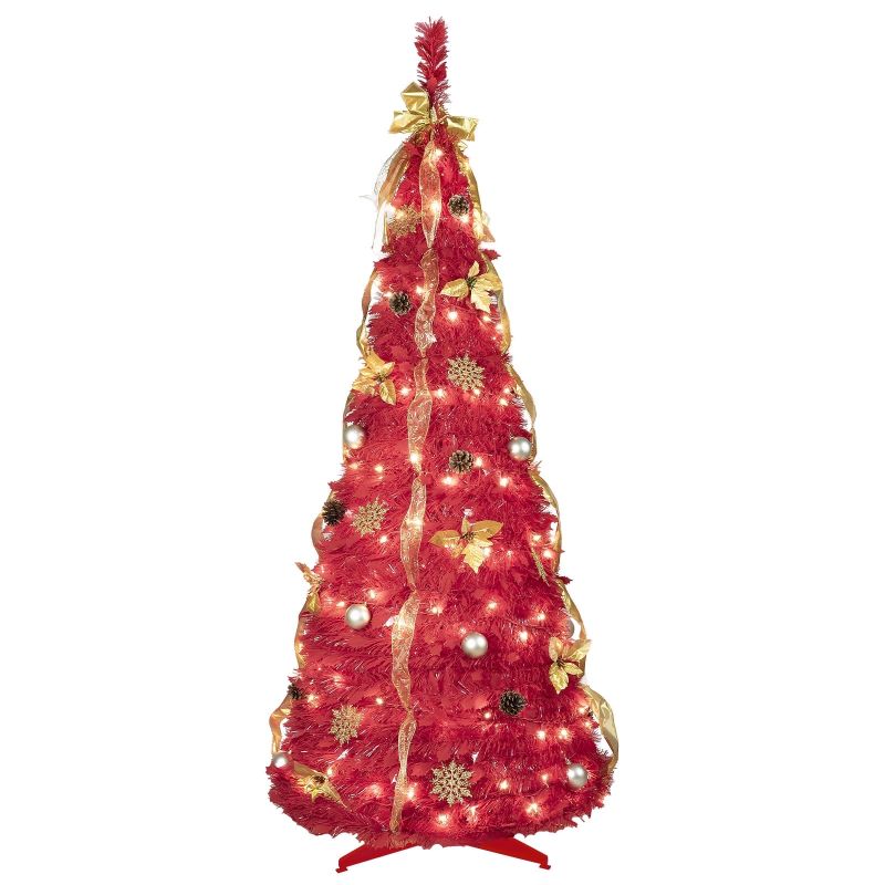 Photo 1 of 6ft Pop Up Christmas Tree Pre Decorated, Bringstar Pull Up Prelit Xmas Tree with 150 Led Lights, Red Artificial Trees