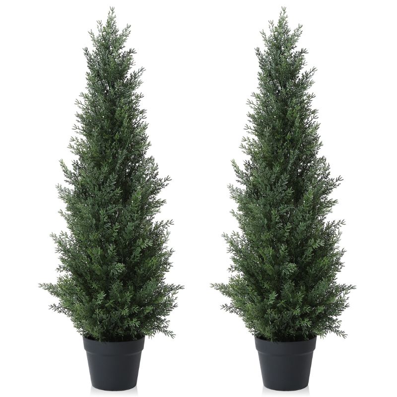 Photo 1 of Artificial Cedar Tree 2 Pack 3 ft Outdoor Artificial Topiary Cedar Plants Fake Tree UV Rated Potted Plants for Porch Decor Faux Pine Tree for Perfect Housewarming Gift.