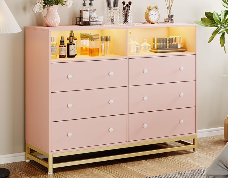 Photo 1 of ***Missing Screws*** Jojoka Wide Dresser for Bedroom with Charging Station, 6 Drawer Dresser with LED Lights, Modern Large Capacity Storage Cabinet, Wood Dressers & Chests of Drawers Closet,Pink