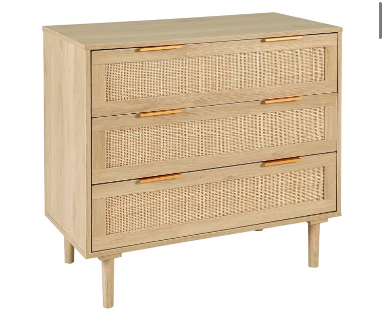 Photo 1 of  3 Drawer Dresser for Bedroom, Rattan Modern Closet Dressers Chest of Drawers, Wood Oak Storage Chest for Kids Bedroom, Hallway, Living Room