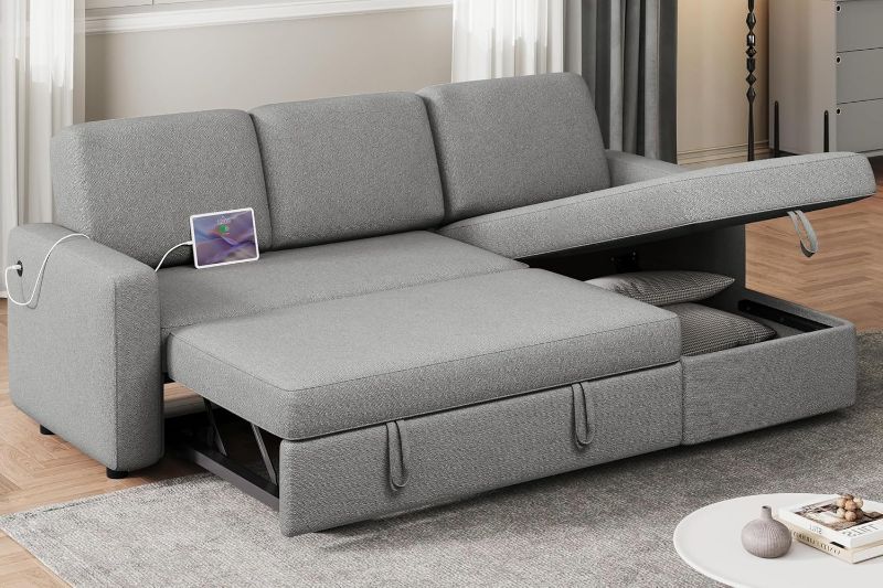 Photo 1 of ****BOX 1 OF 2 ONLY/INCOMPLETE SET/ARMS ONLY****Yaheetech Sectional Sofa L-Shaped Sofa Couch Bed w/Chaise & USB, Reversible Couch Sleeper w/Pull Out Bed & Storage Space, 4-seat Fabric Convertible Sofa, Pull Out Couch Light Gray ****** ARMS ONLY