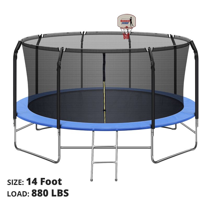 Photo 1 of 14FT Trampoline for Kids, Trampoline with Basketball Hoop&Safety Enclosure Net, 880LBS Capacity 4 Kids, Waterproof Mat and Ladder, Outdoor Backyard Trampoline
