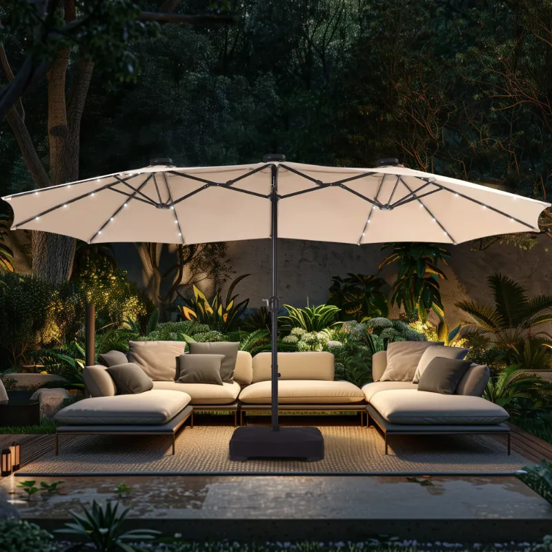 Photo 1 of Alpha Joy 15ft Extra Large Outdoor Patio Double-Sided Umbrella with LED Solar Lights & Umbrella Base, Beige
