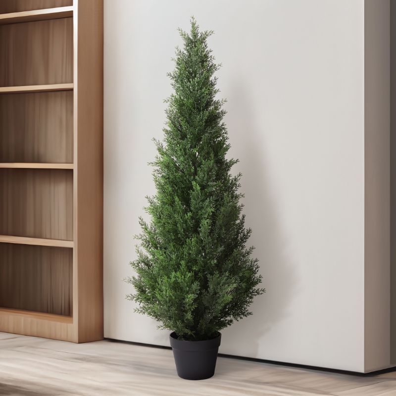 Photo 1 of Artificial Cedar Tree 4Ft Outdoor Artificial Topiary Cedar Plants Fake Tree UV Rated Potted Tree for Porch Decor Faux Pine Tree for Perfect Housewarming Gift 1 Pack