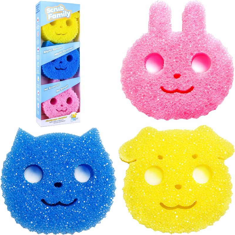 Photo 1 of ((( PACK OF TWO )) Functional Sponge Scrubber Set - Daddy Mommy Daily Scrub Sponge, Smiley Happy Face, Firm in Cold and Soft in Warm, Scratch Free, No Odor, 3 Cute Animal Patterns (3ct)
