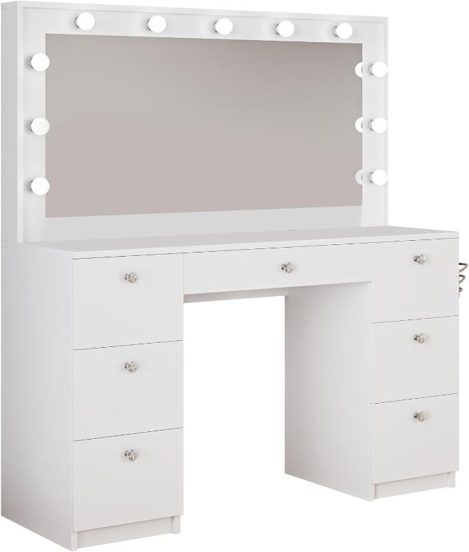 Photo 1 of Boahaus Kiana Extra Large Makeup Vanity Desk with Light Bulbs Built-in, USB-C/USB Outlet, 5 Drawers, 2 Doors, Glass Top Vanity, Crystal Knobs, White Vanity Makeup Desk, 61'' H x 56.3'' W x 20.07'' D
***mirror not included ***
