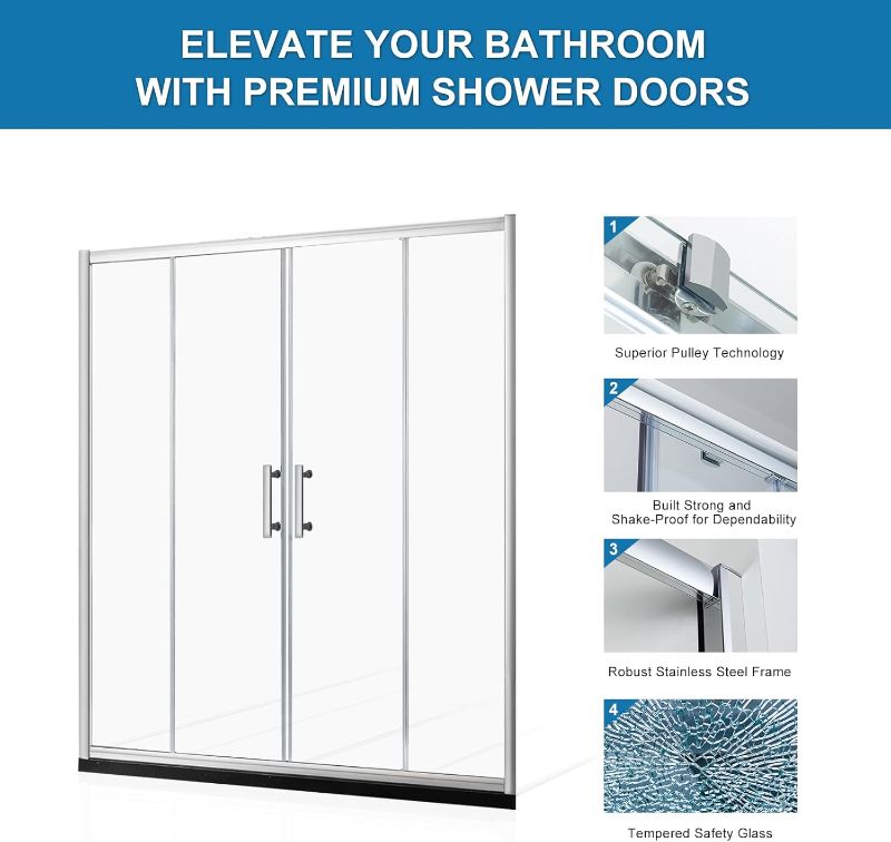 Photo 1 of 60 in. W x 76 in. H Double Sliding Shower Door, Bathroom Sliding Door with 1/4 in. (6mm) Clear Tempered Glass, Reversible Installation, Chrome