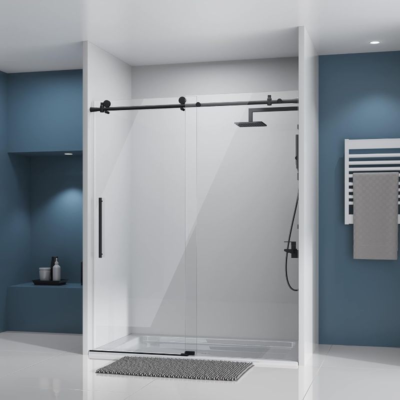 Photo 1 of DELAVIN 56-60" W x 75" H Frameless Sliding Shower Door, Glass Door with 5/16" (8mm) Clear SGCC Tempered Glass, Explosion-Proof Film, Stainless Steel Hardware, Matte Black