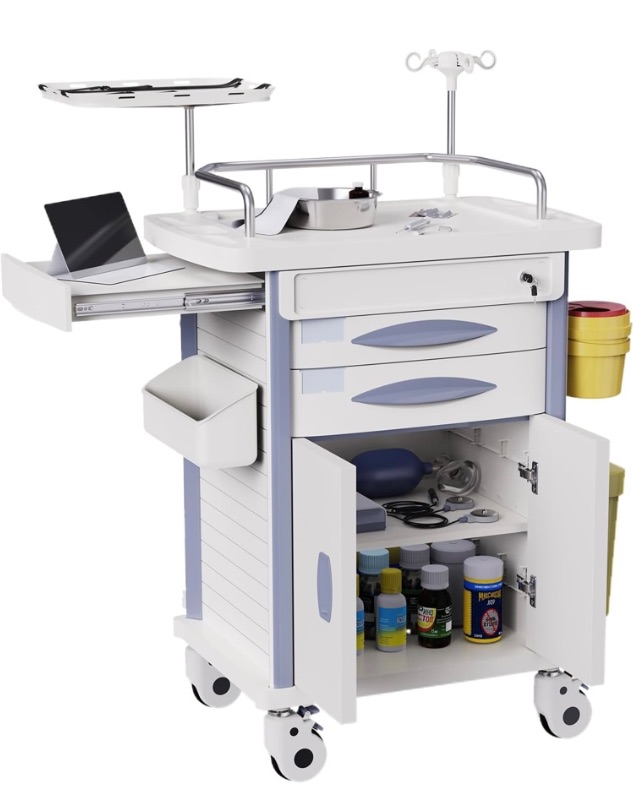 Photo 1 of 29.5" Width Medical Rolling Crash Cart with Accessories-CPR Board, IV Pole, O2 Holder, Trash Bin, Drawers with Dividers, Cabinet, Utility Cart for Clinic, Hospital, Lab, 29.5”Wx18.7”Dx37.4”H