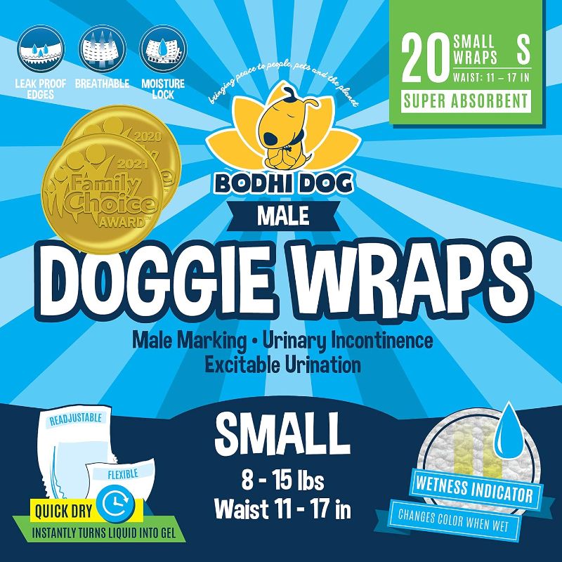 Photo 1 of Bodhi Dog Disposable Male Dog Wraps | 20 Premium Quality Adjustable Doggie Wraps with Moisture Control and Wetness Indicator | 20 Count