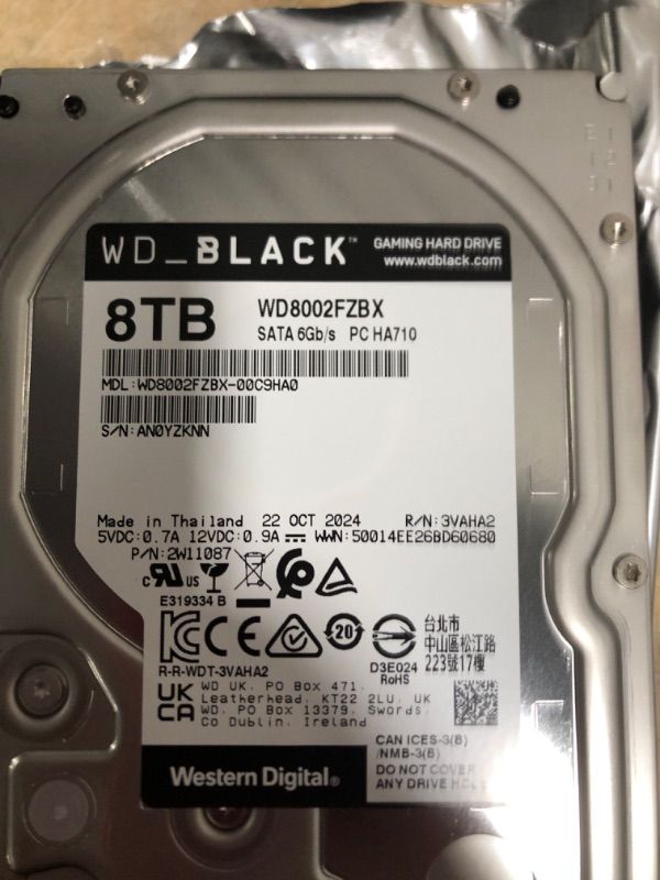 Photo 1 of Western Digital 8TB WD_Black Performance Internal Hard Drive HDD - 7200 RPM, SATA 6 Gb/s, 256 MB Cache, 3.5" - WD8002FZBX