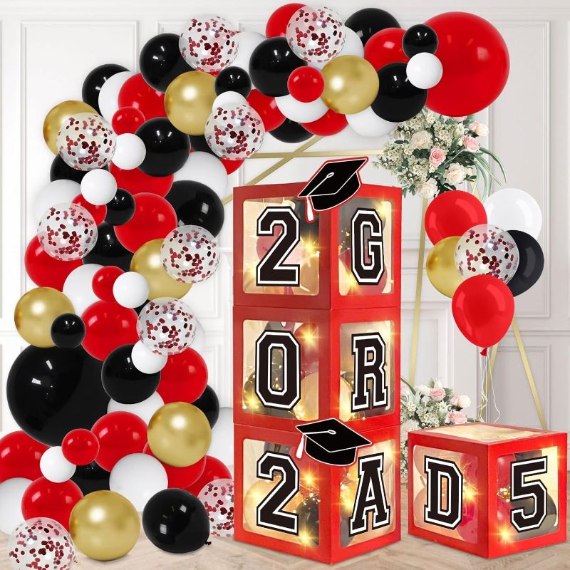 Photo 1 of 2024 Graduation Party Decoration Black Balloon Boxes with Letters 2024 Grad & So Proud of You and 20 pcs Ballons… (Red)