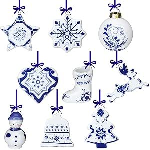 Photo 1 of ***one piece broken when repacking item, boot hook damaged*** Funtery 9 Pieces Blue and White Porcelain Ornaments Chinoiserie Fall Pumpkin Decor Hanging Pendant Christmas Decor Ceramic Christmas Tree Ornaments for Christmas Autumn Decoration (Cute Style)
