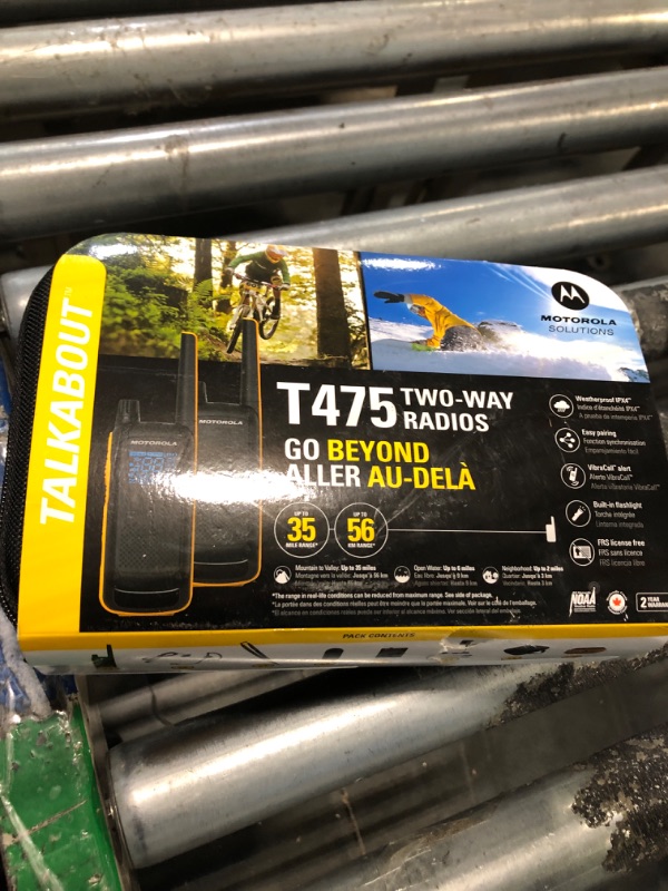 Photo 2 of ***One of the rechargeable batteries is missing*** Motorola Solutions, Portable FRS, T475, Talkabout, Two-Way Radios, Emergency Preparedness, Rechargeable, 22 Channel, 35 Mile, Black W/Yellow, 2 Pack