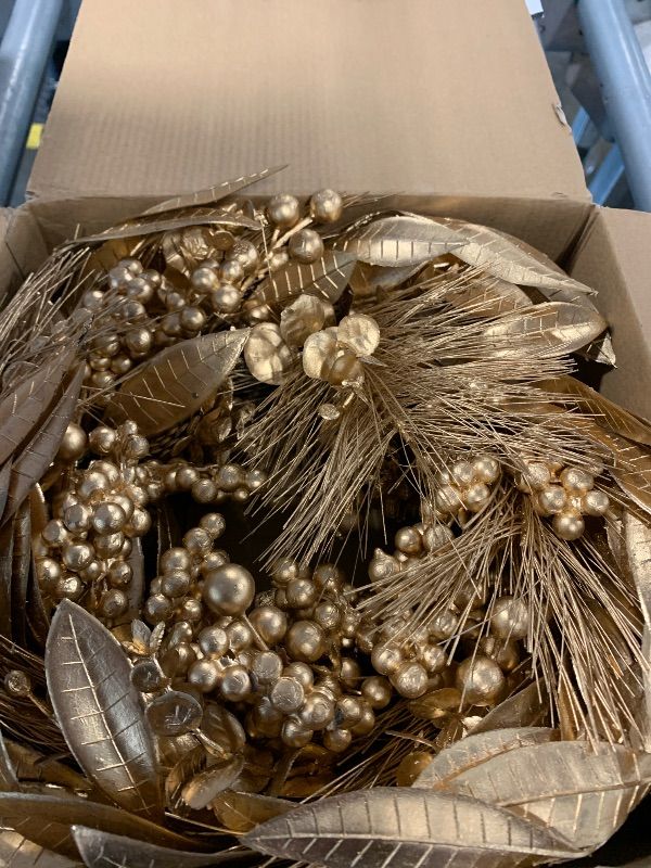 Photo 1 of 16" Artificial Christmas Wreaths for Front Door Gold Wreath with Pinecones and Magnolia Leaves for Christmas Thanksgiving Winter Holiday Door Decoration