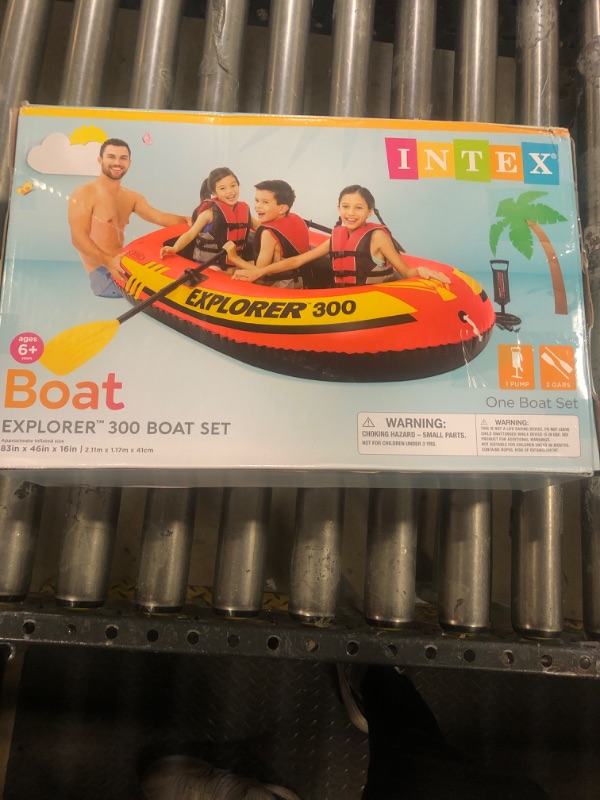 Photo 1 of INTEX 58332EP Explorer 300 Inflatable Boat Set: Includes Deluxe Boat Oars and Mini Hand Pump – Dual Air Chambers – Grab Rope – 3-Person – 410lb Weight Capacity