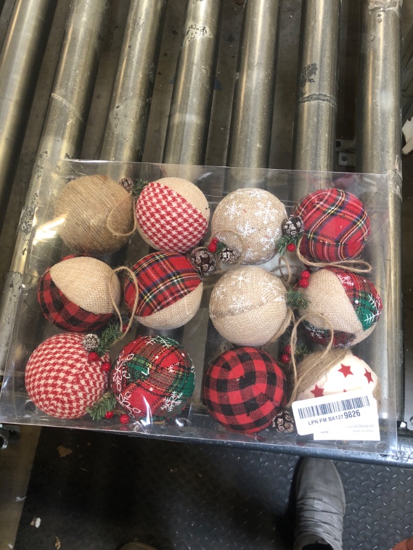 Photo 2 of 12 Pcs Burlap Christmas Ball Ornaments, 3.15 Inches Rustic Buffalo Plaid Christmas Tree Ornaments, Natural Jute Farmhouse Decorations for Xmas Tree, Holiday, Party