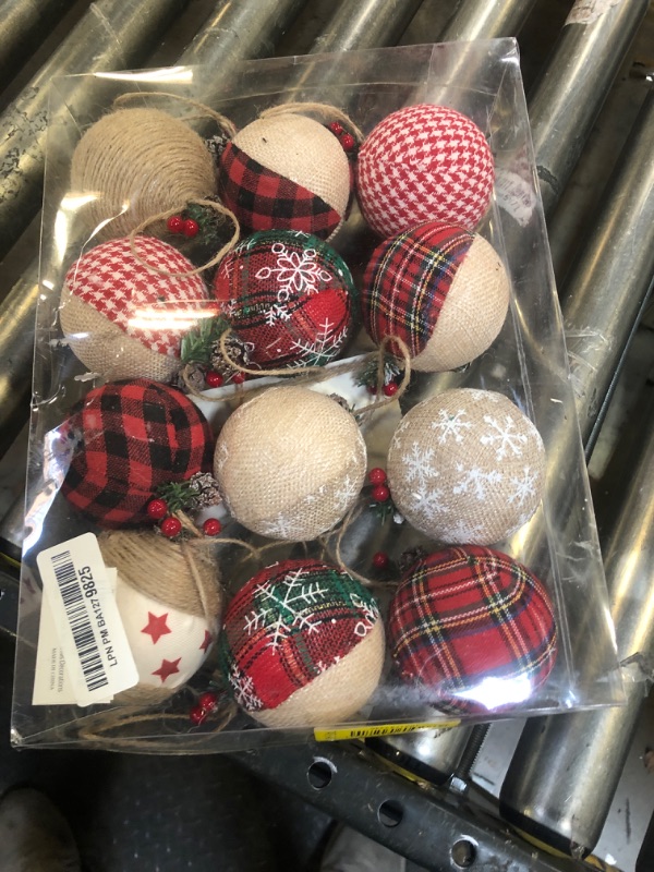 Photo 2 of 12 Pcs Burlap Christmas Ball Ornaments, 3.15 Inches Rustic Buffalo Plaid Christmas Tree Ornaments, Natural Jute Farmhouse Decorations for Xmas Tree, Holiday, Party