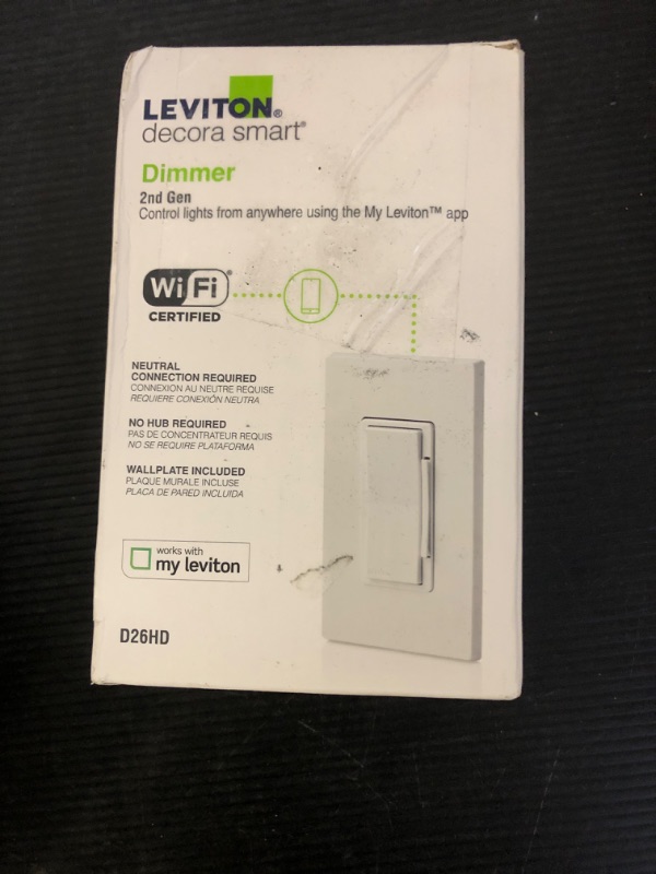 Photo 1 of Leviton Decora Smart Dimmer Switch, Wi-Fi 2nd Gen, Neutral Wire Required, Works with Matter, My Leviton, Alexa, Google Assistant, Apple Home/Siri & Wired or Wire-Free 3-Way, D26HD-2RW, White