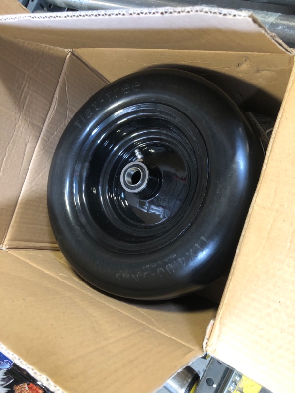 Photo 2 of 11x4.00-5" Lawn Mower Tire Flat Free Smooth Tires with 3/4" or 5/8",1/2" Bearings, 3.4"- 6" Centered Hub Universal fit Lawn Mowers, with Universal Adapter Kit