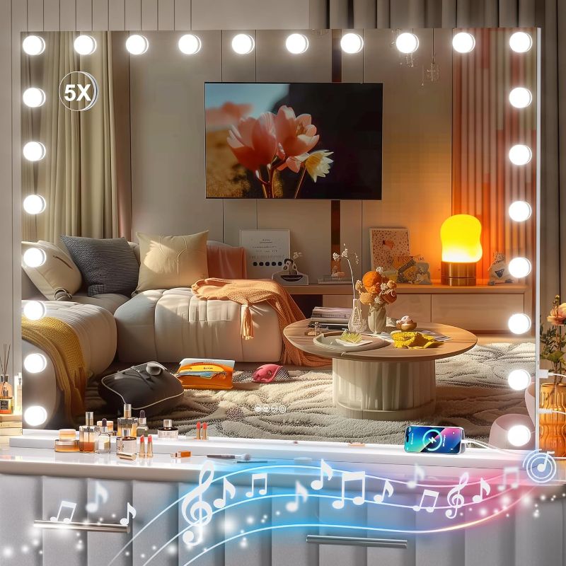 Photo 1 of Vanity Mirror with Lights and Bluetooth Speaker, 47" x 35" Hollywood Makeup Mirror with 24 Dimmable Bulbs and 5X Magnification, 3 Colors Modes, USB and Type-C, Tempered Glass (Square White)
